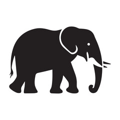 A bold, black silhouette of an elephant against a white background.