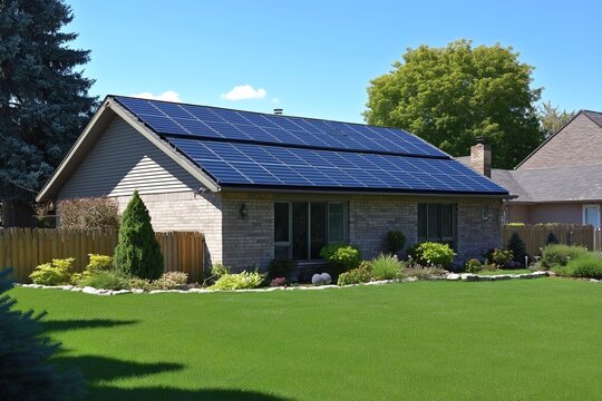 Solar-Powered House with Gable Roof and Brick Exterior Surrounded by Lush Garden on a Clear Sunny Day