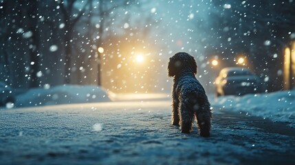 Labradoodle Dog Walking Through Winter Snowstorm Outdoors