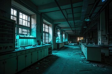 Teal glow casts an eerie ambiance on a dark abandoned laboratory filled with mysterious equipment, background, abandoned, haunting