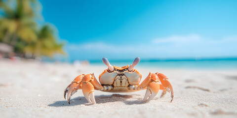 Coastal Crab: Portrait of a crab on a sandy beach with the ocean and sky in the background. A tranquil, sunny scene for nature lovers. 