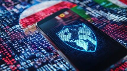A closeup of a smartphone resting against a backdrop of binary code with a stylized shield design overlayed embodying security and data protection. Elements of national flags subtly