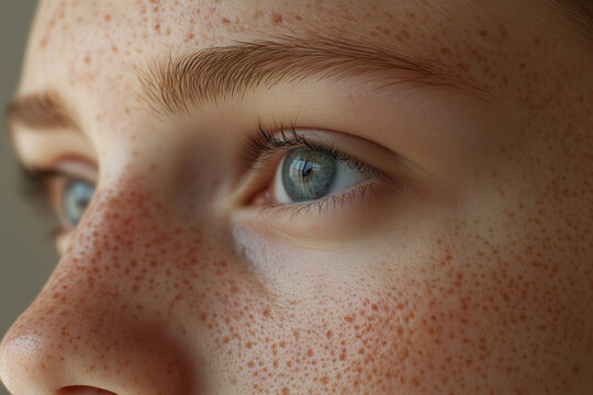 Detailed view of a young person's face with whiteheads on the forehead and cheeks with copy space. 