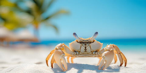 Crab on beach sand with palm trees and ocean in the background. The scene is peaceful and sunny, perfect for a vacation photo. 