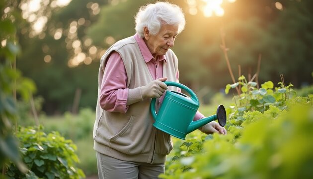 Elderly person using watering can to care for vegetable garden, promoting healthy living. World Water Day