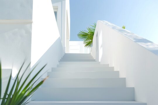 Minimal buildings background with traditional Greek style architecture. Low angle view of white houses against a blue clear summer sky. Neural network ai generated