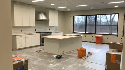 Modern Kitchen Under Construction With White Cabinets, Large Island, and Stainless Steel Appliances
