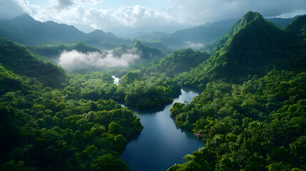 Aerial view of lush green river valley, misty mountains, calm waters