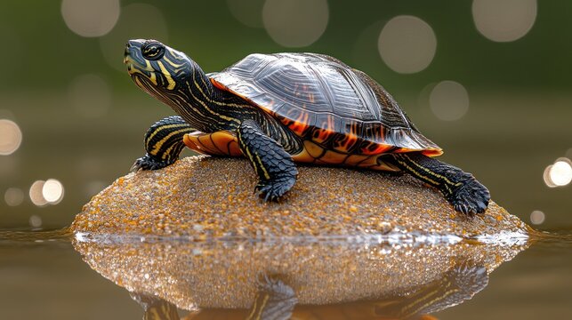 Painted turtle basking rock pond nature wildlife