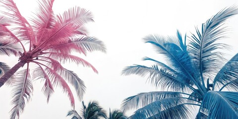 Tinted pink and blue palm fronds against a white background, tropical foliage, soft brushstrokes, watercolor effect, gentle curves, palm fronds