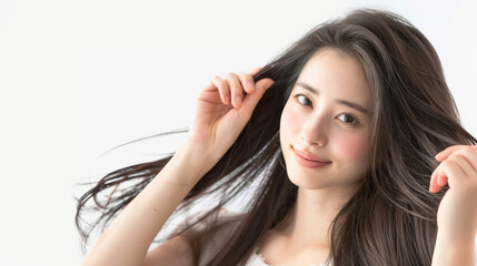 Obraz premium Close-Up Portrait of a Radiant Long-Haired Model Gently Touching Her Locks with Both Hands, Smiling Confidently at the Camera in a Minimalist Hair Care Advertisement with White Backdrop and Natural Sk