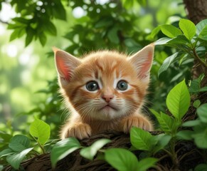 Tiny red kitten peeking out from behind a leafy branch on a vibrant green tree, red kitten, leafy branch, tiny ball of fluff