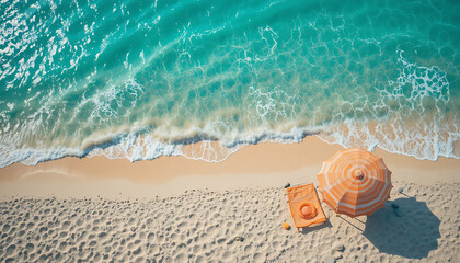 Naklejka premium Aerial View of Serene Beach Scene with Orange Umbrella and Lounger