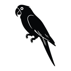 A clean, simple silhouette of a parrot perched on a branch against a white background.