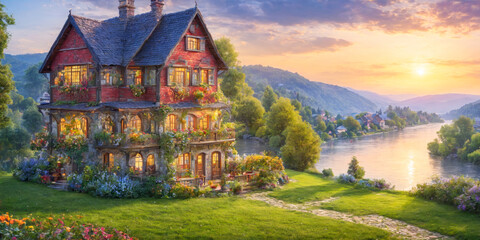 Naklejka premium Fairytale House by the River at Sunset