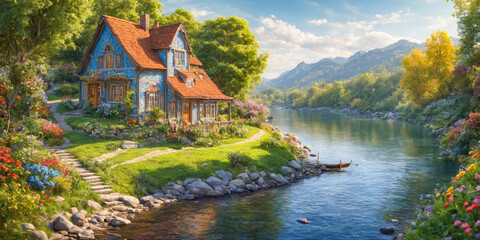 Fototapeta premium Fairytale Cottage by the River.