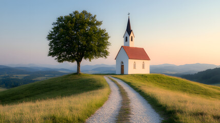 Fototapeta premium Scenic view of a small church atop a grassy hill, flanked by a tree, with a winding path leading to it, under a soft, pastel sky.
