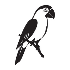 A clean, simple silhouette of a parrot perched on a branch against a white background.