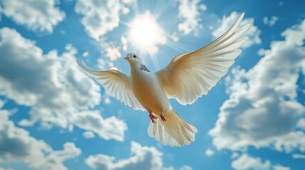 White Dove Soaring Sunny Sky, Clouds, Peace