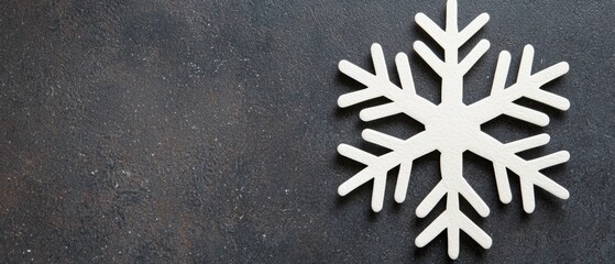 A white snowflake sits on a dark background