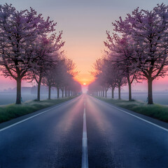 Early Morning Sunrise: An Empty Road Flanked by Blossoming Cherry Trees