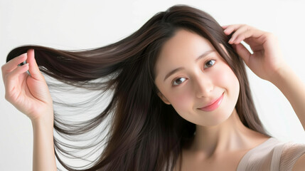 Obraz premium Close-Up Portrait of a Radiant Long-Haired Model Gently Touching Her Locks with Both Hands, Smiling Confidently at the Camera in a Minimalist Hair Care Advertisement with White Backdrop and Natural Sk