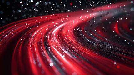 Abstract Red Wave with Sparkling Light Trails and Bokeh Against Dark Backdrop