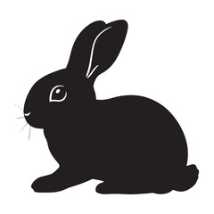 A clean, bold black silhouette of a rabbit against a pure white background.