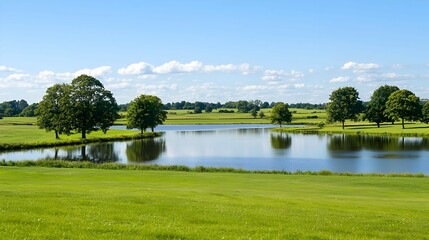 Fototapeta premium Green Meadow With Lake Trees And Blue Sky