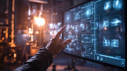 In a dimly lit industrial control room. An engineer uses a futuristic touchscreen interface to monitor and manage complex power plant operations. Ensuring efficient energy production and distribution