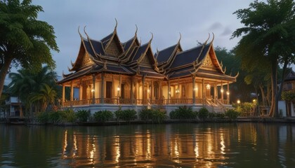 Fototapeta premium Traditional Thai architecture along the Chao Phraya riverbanks, buildings, architecture