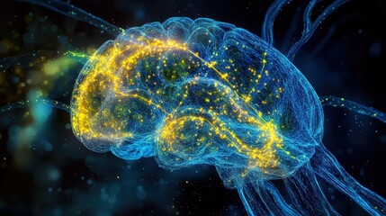 Abstract Digital Brain Illustration with Neon Lights