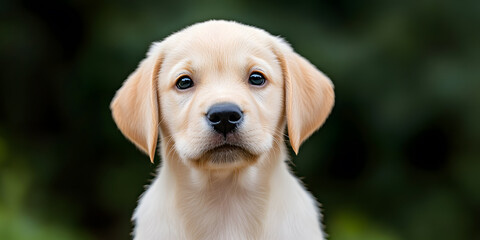 Adorable portrait of a light-colored Labrador puppy. The puppy has soulful eyes, a wet nose, and soft fur. The background is blurred with green vegetation. 