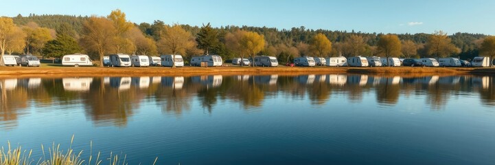 Fototapeta premium Tranquil lake in the background of a caravan park, reflections, lakeside views, serene surroundings