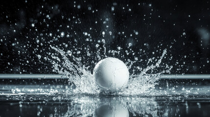 A glossy white ping pong ball striking a water-covered table, scattering droplets in all directions, extreme close-up shot