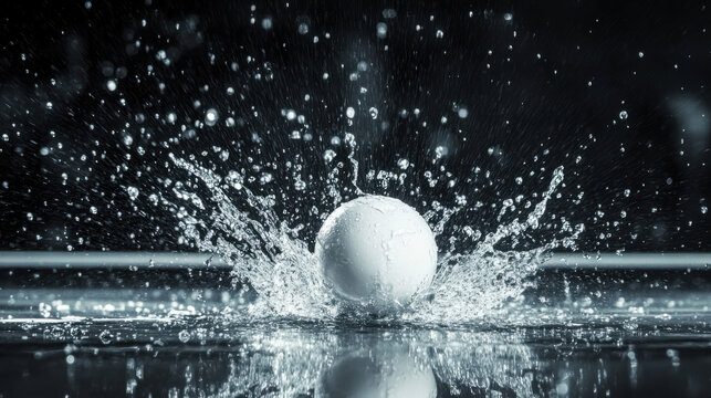 A glossy white ping pong ball striking a water-covered table, scattering droplets in all directions, extreme close-up shot