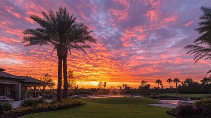 Sunrise over Florida community home with palm trees