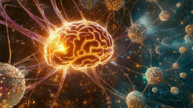 Glowing Brain with Neural Connections and Particles