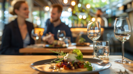 Obraz premium Dinner at a contemporary restaurant featuring gourmet dishes and wine during a cozy evening conversation
