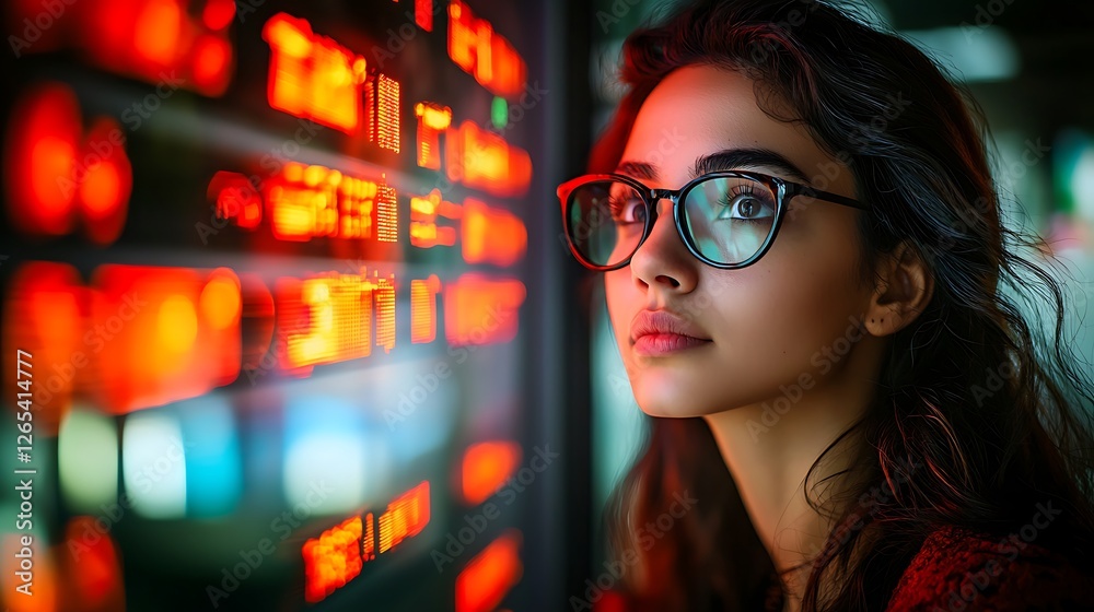 Poster Woman in glasses monitors complex red displays in a tech center. Use data visualization