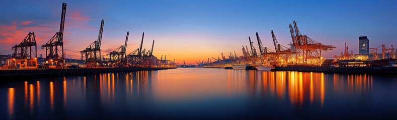 Obraz premium A panoramic view of a bustling port at sunset, featuring cranes and illuminated water reflecting vibrant colors.