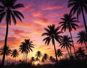 Obraz premium Tropical palms silhouetted against colorful sky, palms, tropical, colorful