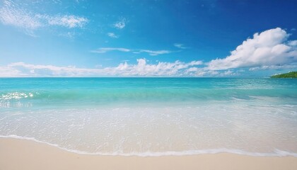 Fototapeta premium serene tropical beach with crystal clear turquoise water and white sand under a blue sky, ideal for travel promotions