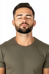 Obraz premium Calm Man Portrait With Closed Eyes In Olive Green T Shirt
