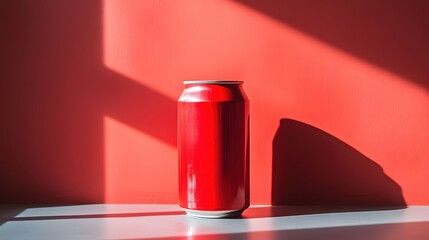 Red Soda Can Standing on a White Surface with a Red Background and Dramatic Shadow