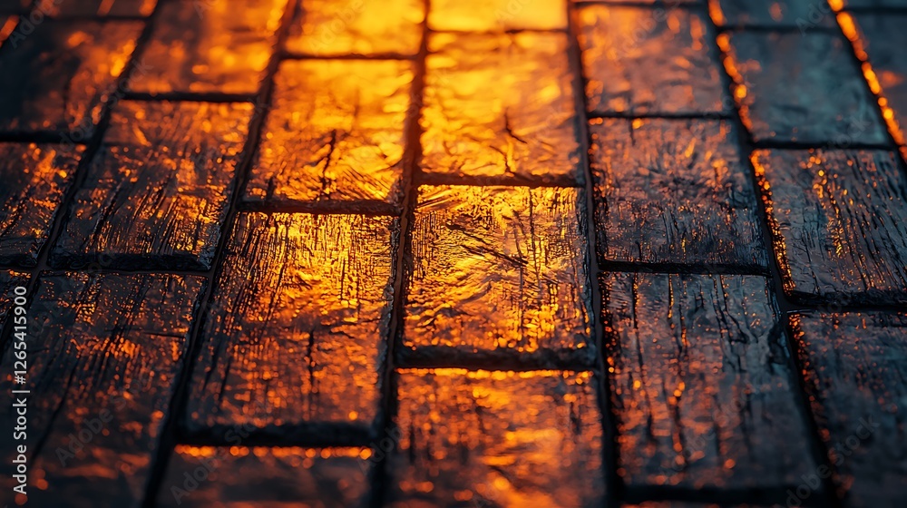 Poster Wood blocks with golden glow on texture showing weathered use for backgrounds & 3D models