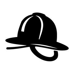 Minimalist black silhouette of a firefighter helmet with emblem on white background