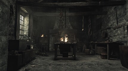 Dark, historic blacksmith shop with fire