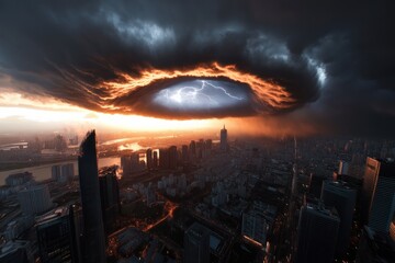 Fototapeta premium A captivating urban panorama as storm clouds swirl ominously, with sporadic lightning illuminating the city below, creating a blend of intrigue and natural beauty.