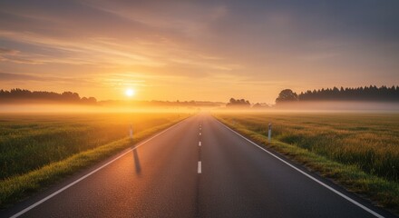 Fototapeta premium Road at Sunrise Through Misty Fields Offering a Scenic Countryside View
